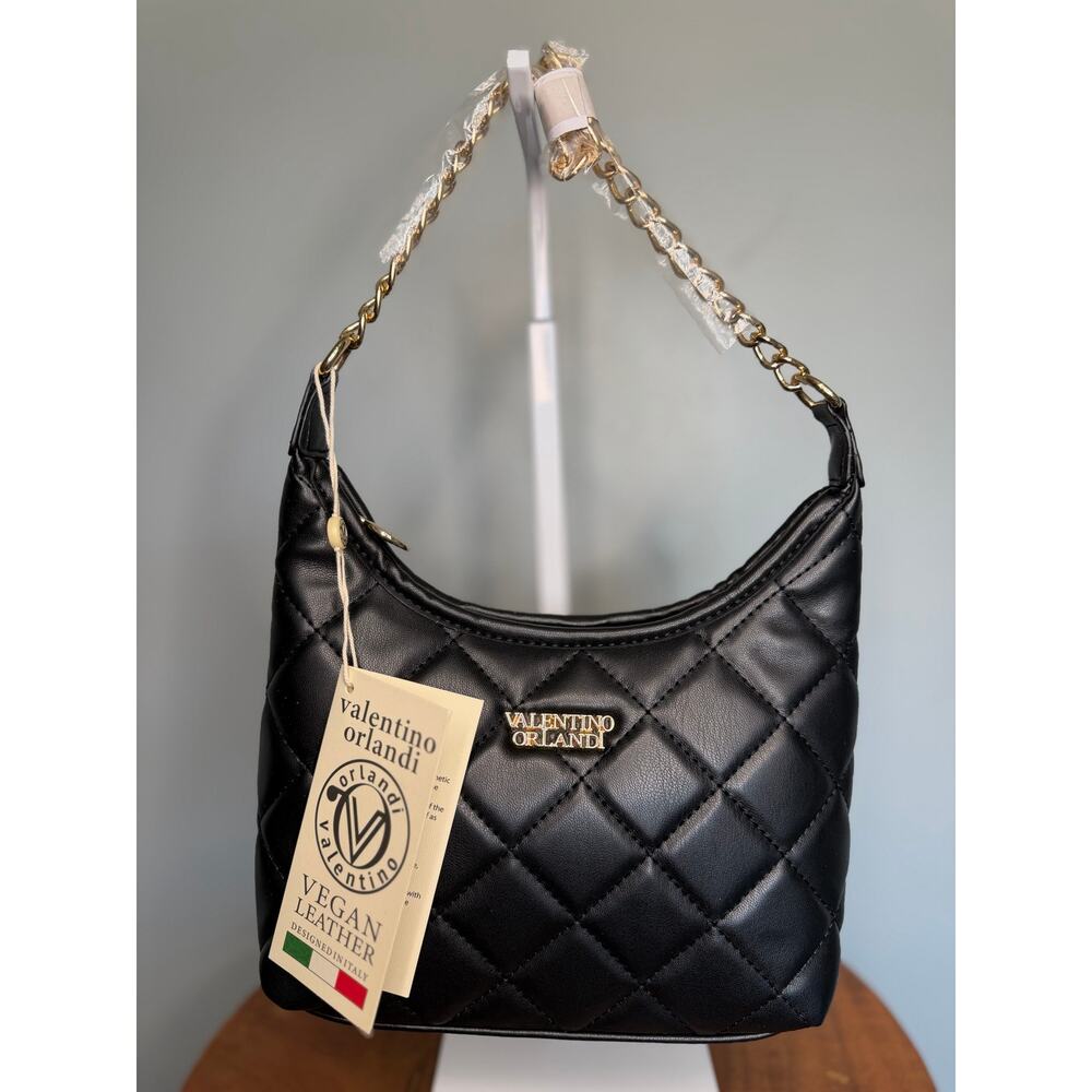 Valentino Orlandi Valencia Shoulder Bag Matte Black Quilted Vegan Leather NWT